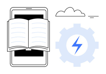 Digital learning. Open book and tablet highlight digital learning benefits. Digital learning combines technology and education. Perfect for e-learning, online courses, educational apps, knowledge