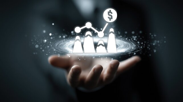 Hand holding glowing financial icons: dollar symbol, rising line graph, bar chart. Concept of business growth, financial profit, economic trend and tech-driven finance strategy.
