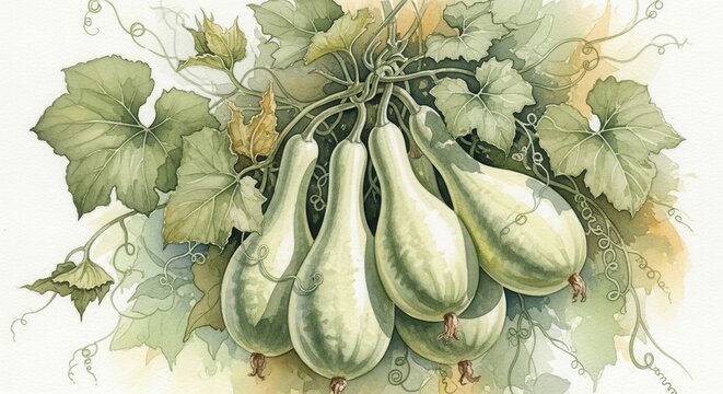 Watercolor gourds and leaves, botanical illustration