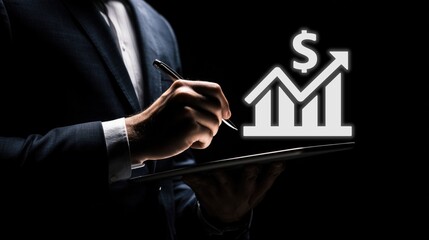 Businessman in suit writing on tablet with pen beside glowing dollar symbol and rising bar graph. Concept of financial growth, business profit, economic trend and tech-driven finance performance