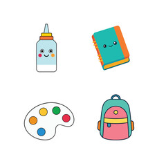 Cute kawaii school supplies collection with backpack book glue and paint palette