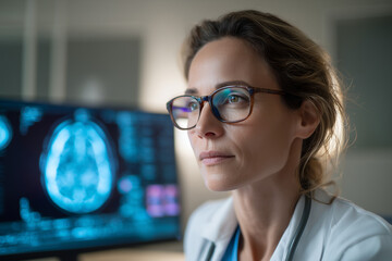 Focused female neurologist reviewing brain MRI scans on a monitor in a dimly lit clinic, wearing glasses and stethoscope, thoughtful and professional