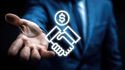 Businessman in blue suit extending hand with glowing handshake and dollar icons. Concept of business deal, financial agreement, partnership, successful contract and monetary collaboration