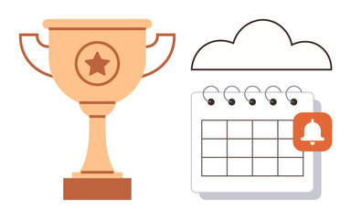 Trophy and calendar with bell notification, under cloud, symbolize success, goals, planning, alerts, recognition, productivity and organization. Ideal for motivation strategy teamwork tracking