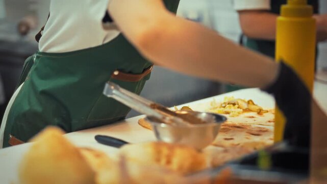 Chefs in a fast food restaurant are focused on preparing meals quickly. They chop vegetables and assemble dishes efficiently as customers wait for their orders during the lunch rush
