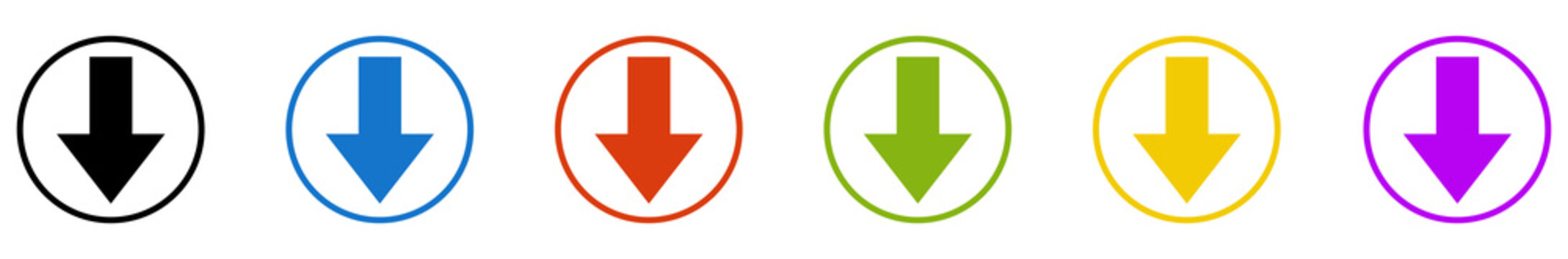 Banner mit 6 farbigen Icons im Kreis: Pfeil nach unten