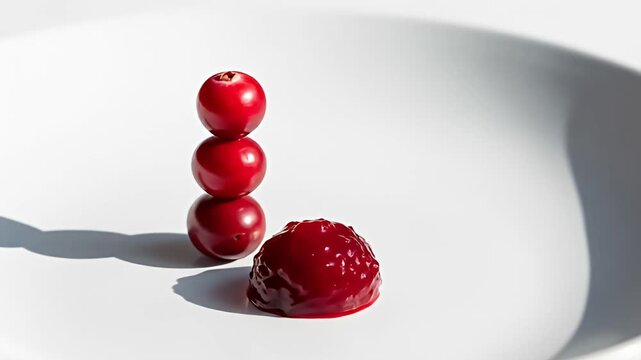 A close-up shot of three stacked red cherries and a dollop of cherry jam on a white plate.
