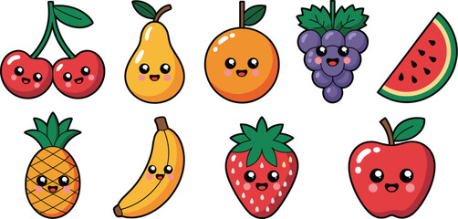 Super Cute Kawaii Fruit Character Vector Set Featuring Happy Cherry, Pear, Orange, Grapes, Watermelon, Pineapple, Banana, and Strawberry Faces.