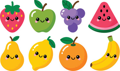 Super Cute Kawaii Fruit Character Vector Set Featuring Happy Strawberry, Apple, Grapes, Watermelon, Pear, Lemon, Orange, and Banana with Smiling Faces.