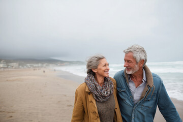 Smiling mature couple walking arm in arm along a windswept beach, sharing laughter and warmth during a cozy seaside stroll on a cloudy coastal day