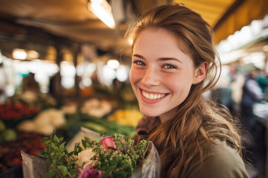 Smiling young woman holding a fresh bouquet at a bustling outdoor market — a candid portrait highlighting freckles, warm light and joyful lifestyle moments - Powered by Adobe