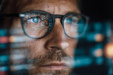 Intense close-up of a software developer wearing glasses with colorful code reflections on the lenses, studying data and debugging on screen