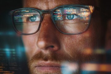 Intense close-up of a developer with blue eyes and code reflected in glasses, analyzing data and cybersecurity systems