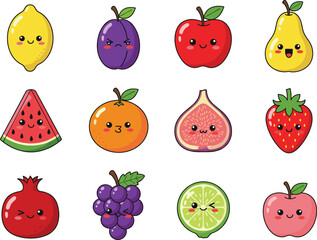 Mega Cute Kawaii Fruit Character Vector Set Featuring Lemon, Plum, Apple, Watermelon, Orange, Fig, Strawberry, Grapes, and Pomegranate with Expressive Faces.