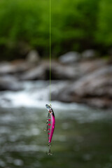 長野県南牧村の渓流とピンク色のルアー（ミノー）のクローズアップ
