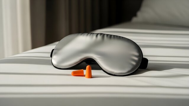 Sleep mask and earplugs on a bed in a sunlit room promoting restful sleep and relaxation.