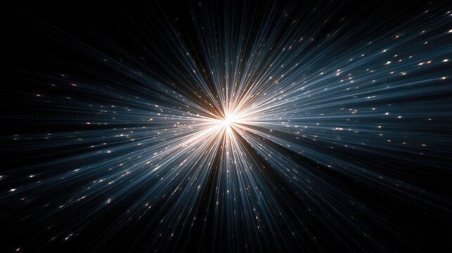 Radiant light burst with blue and gold rays, bright sparkles and glowing streaks emanating from central bright core against dark background. Concept of energy explosion, starburst
