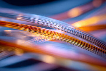 Close-up abstract of intertwined metallic cables with shimmering gold and silver strands, glowing bokeh highlights and vibrant blue-purple tones