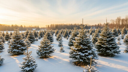 Snow-covered evergreen trees in a christmas tree farm glow under golden hour light, casting long shadows on the pristine white snow, evoking peace and holiday cheer, perfect for winter themed content.