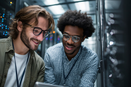 Two smiling IT engineers collaborating in a modern data center server room, troubleshooting network hardware and sharing solutions on a tablet - Powered by Adobe