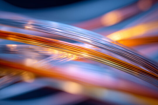 Close-up abstract of intertwined metallic cables with shimmering gold and silver strands, glowing bokeh highlights and vibrant blue-purple tones
