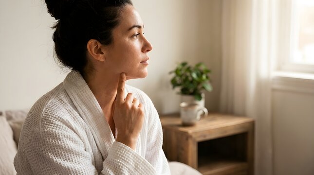 Thoughtful woman in bathrobe looking out window in morning light. - Powered by Adobe