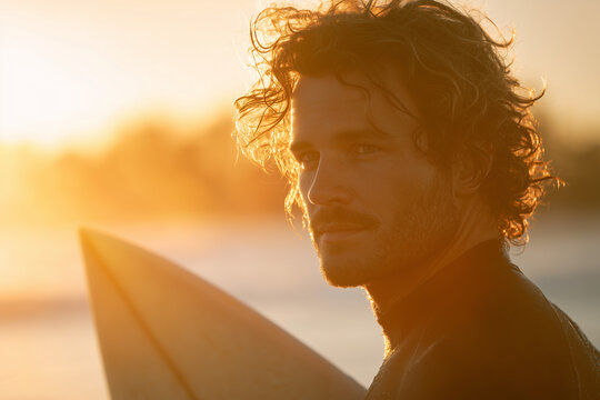 Golden hour surfer portrait: young man in wetsuit holding a surfboard at sunset with sunlit curls and thoughtful gaze on the beach