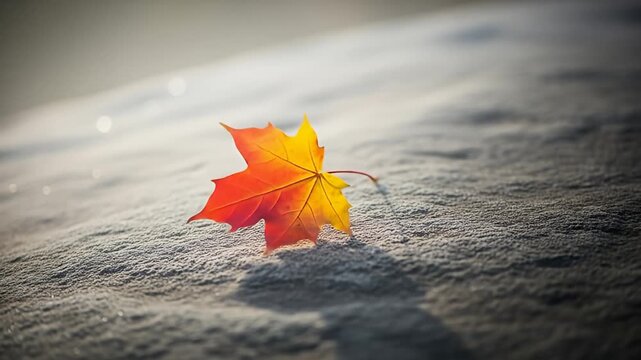 A vibrant maple leaf rests on a frosty ground, showcasing the beauty of autumns transition to winter.