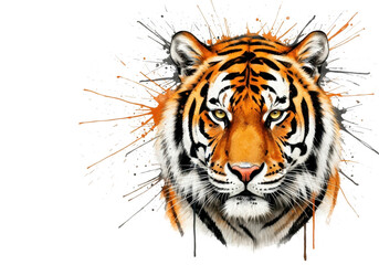 Naklejka premium Vibrant splatter art tiger portrait on black background