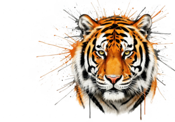 Vibrant splatter art tiger portrait on black background