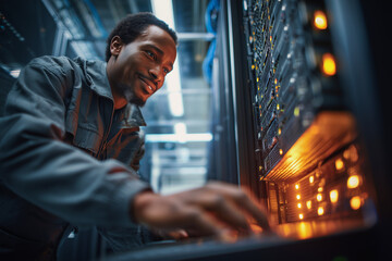 Smiling IT technician configuring servers in a modern data center rack with glowing LED indicators — network infrastructure and server management