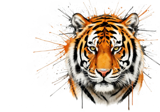 Vibrant splatter art tiger portrait on black background
