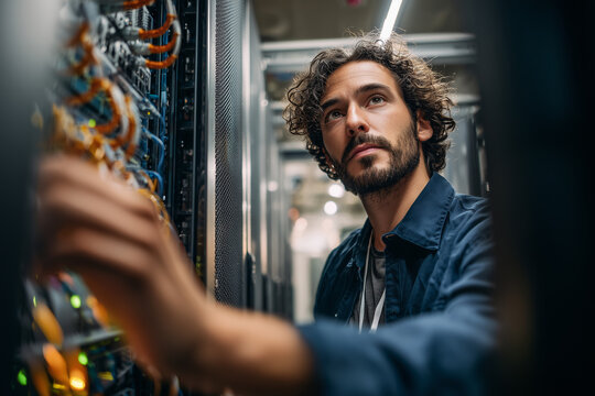 Data center technician inspecting server rack cables and network hardware in a modern server room — focused IT engineer doing maintenance and troubleshooting - Powered by Adobe