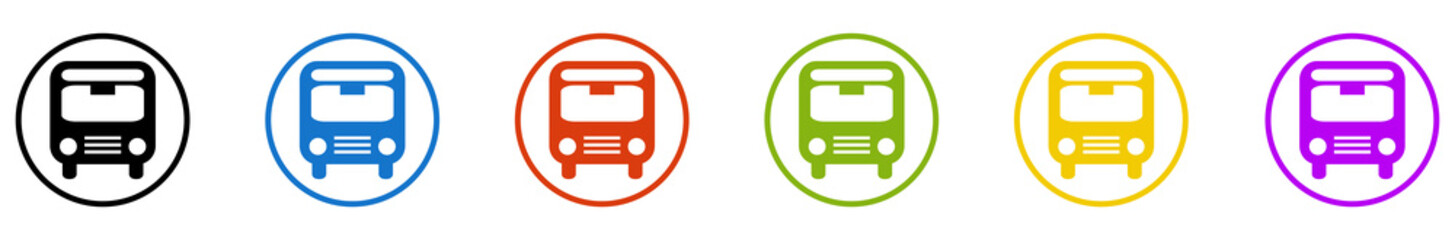 Banner mit 6 farbigen Icons im Kreis: Reisebus, Haltestelle oder Bus