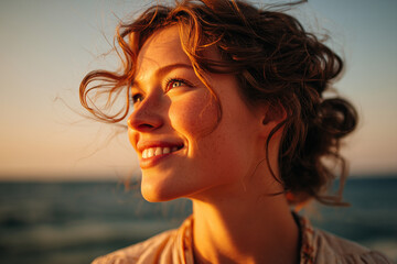 Sunlit beach portrait of a smiling young woman at golden hour, a candid close-up capturing freckles, windblown hair and warm summer glow by the sea