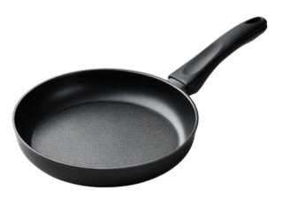 Empty black nonstick frying pan with handle, cooking skillet for kitchen cookware, top view, isolated on white background