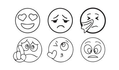 Set of six outline emoticons depicting various human emotions and expressions isolated on white