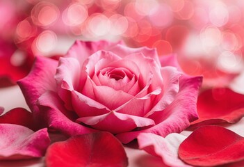 Naklejka premium Pink and red roses petals on a bokeh background