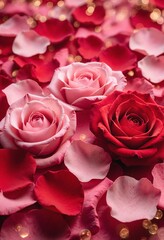 Fototapeta premium Pink and red roses petals on a bokeh background