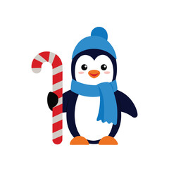 Cute cartoon penguin wearing a blue hat and scarf holding a candy cane