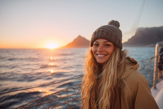 Smiling young woman in a knit beanie on a sailboat at sunset — golden hour portrait of coastal adventure, travel, freedom and joy