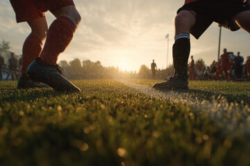 Dramatic low-angle sunset soccer scene on wet turf: cleats spray droplets in golden-hour close-up of players' legs preparing for intense match action and teamwork