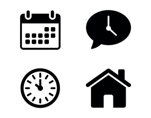 Illustration of a calendar clock speech bubble and house in black and white