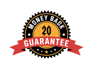 Money back guarantee badge with stars and red ribbon on a white background