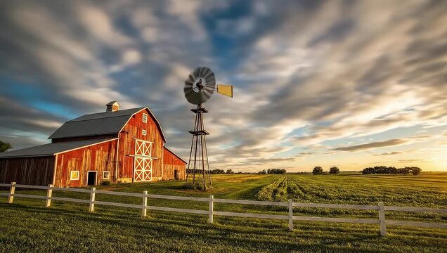 Time-lapse shows clouds racing over a rustic red barn and windmill in classic American farm scenery