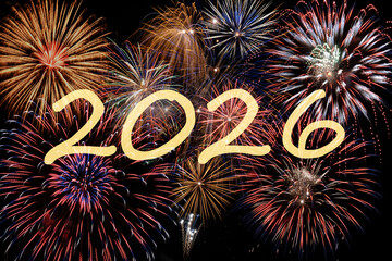 Neujahr und Silvester mit Jahreswechsel von 2025 auf 2026 mit Feier, Party und Feuerwerk - digital...