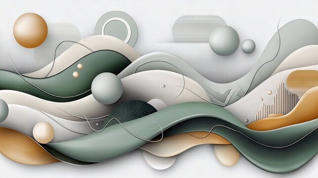 An abstract composition featuring layered waves, spheres, and geometric shapes in a modern, minimalist style.