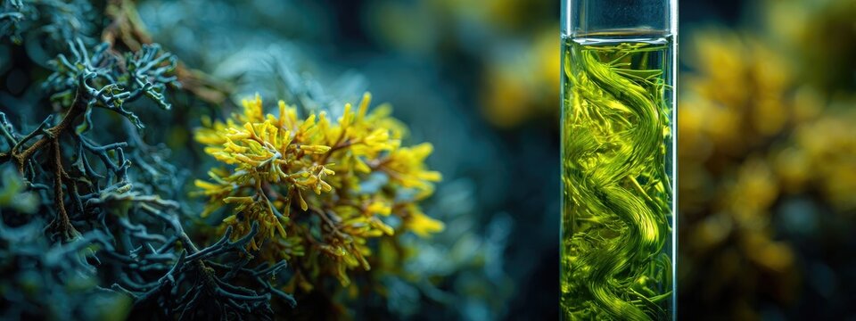 Macro shot of vibrant yellow-green algae and a test tube filled with solution and more algae