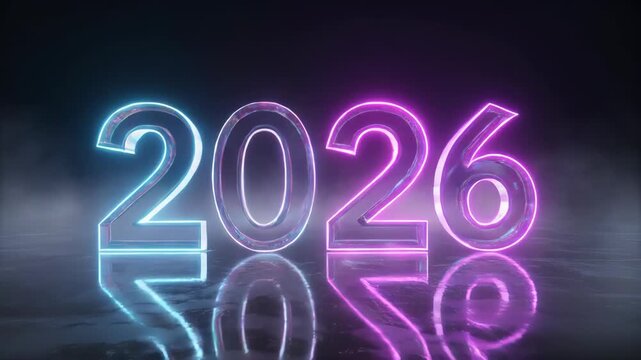 Futuristic 2026 new year concept with glowing blue and pink neon lights on a reflective, smoky background