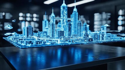 Futuristic Holographic Cityscape Display with Glowing Blue Buildings and Architectural Structures in a Dark Modern Office Environment with Subtle Background Details - Powered by Adobe